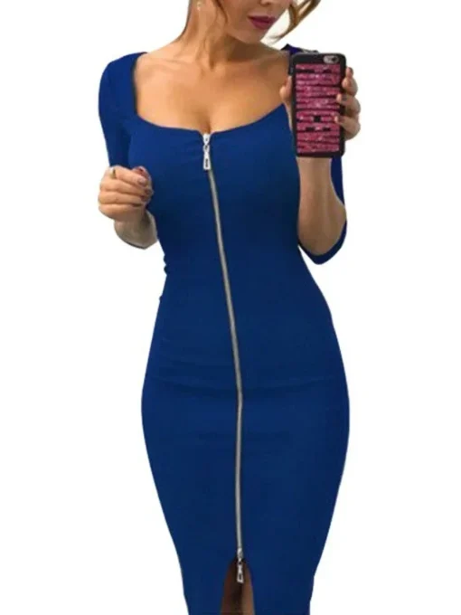 Elegant black prom dresses, bodycon half-sleeve zipper slim dress - Image 2