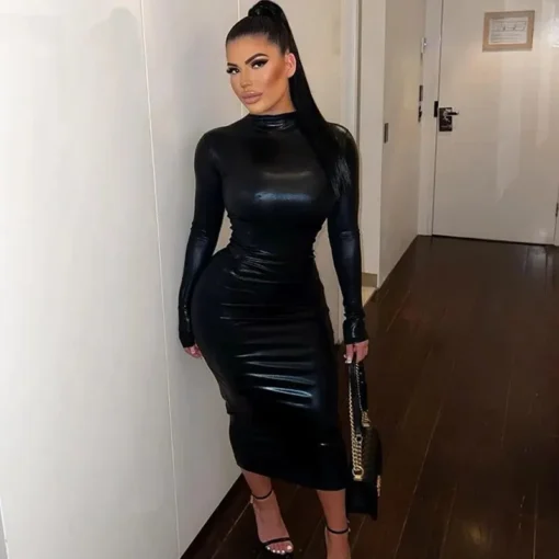 Black prom dresses, long sleeve bodycon streetwear midi dress wholesale