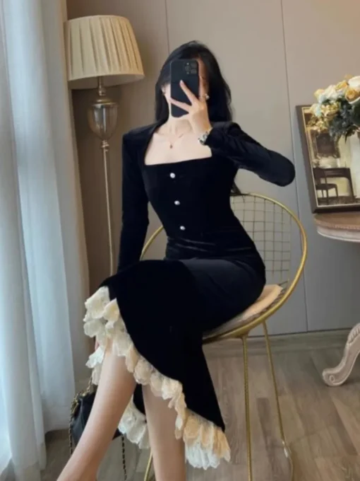 Black prom dresses, vintage velvet mermaid bodycon lace patchwork gown