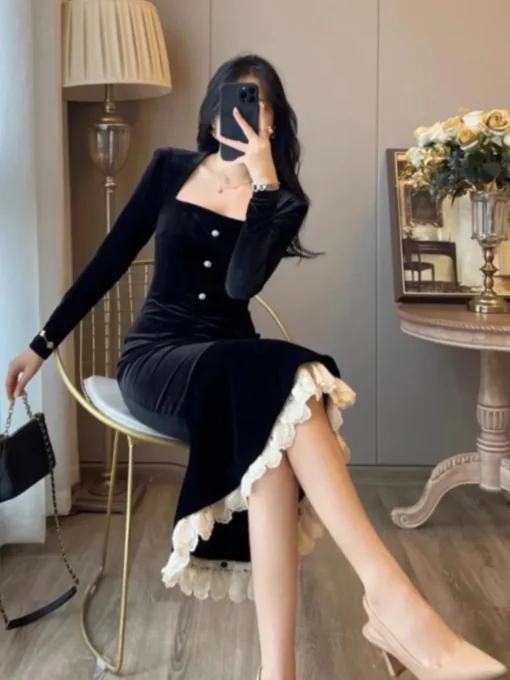 Black prom dresses, vintage velvet mermaid bodycon lace patchwork gown - Image 6