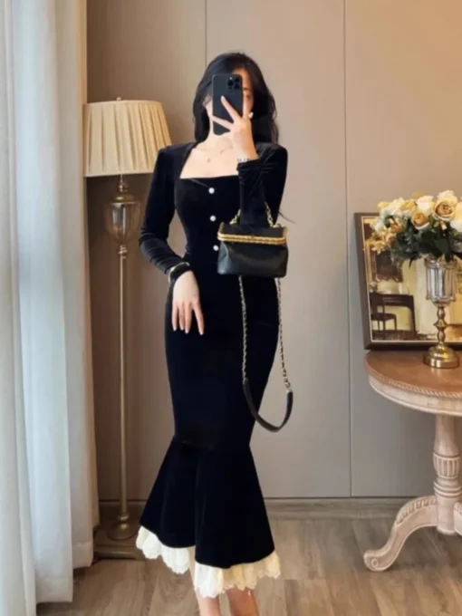 Black prom dresses, vintage velvet mermaid bodycon lace patchwork gown - Image 3