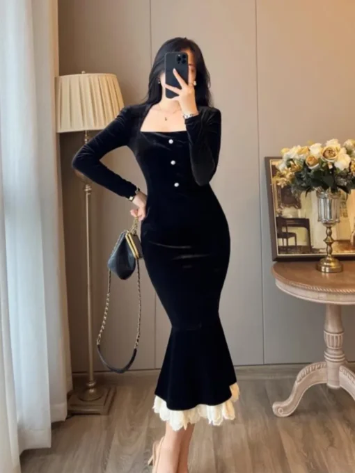 Black prom dresses, vintage velvet mermaid bodycon lace patchwork gown - Image 2