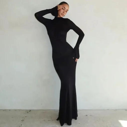 Black prom dresses: Spring Autumn Long Sleeve Bodycon Evening Dress