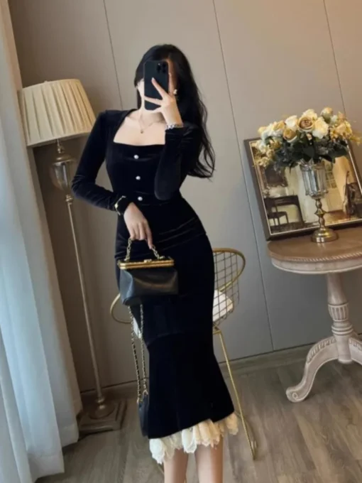 Black prom dresses, vintage velvet mermaid bodycon lace patchwork gown - Image 4