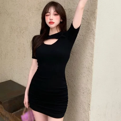 Black prom dresses, sexy bodycon mini dress, elegant pleated vintage style