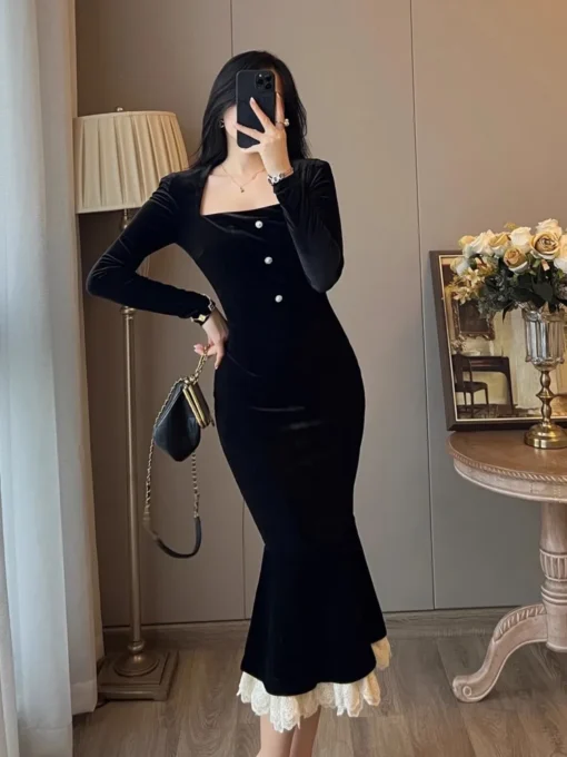 Black prom dresses, vintage velvet mermaid bodycon lace patchwork gown - Image 5
