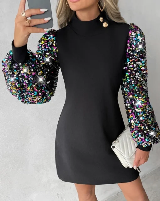Black prom dresses, elegant lace O-neck lantern sleeve mini dress