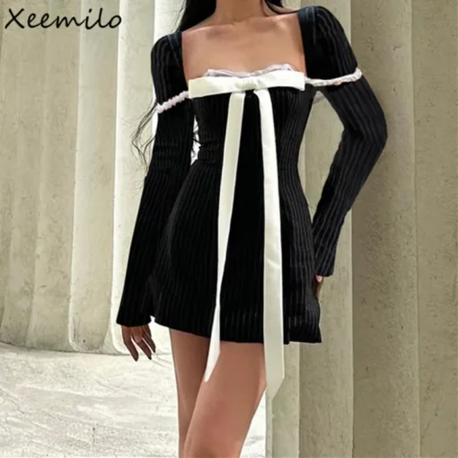 Black Prom Dresses: Elegant Bow Patchwork Lace Bodycon Mini Dress