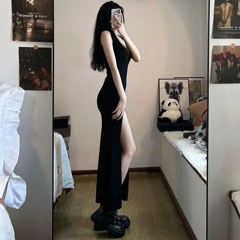 Summer Elegant Slim Fit Sleeveless Split Long Black Prom Dress - Image 4