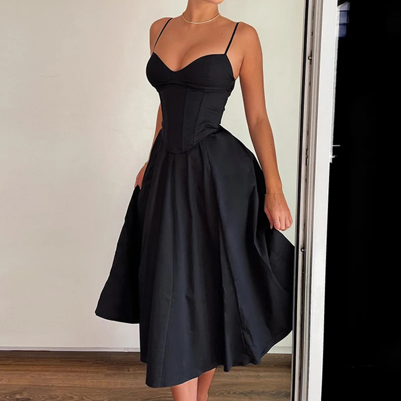 Sexy Corset Spaghetti Strap Pleated Maxi Black Prom Dress - Image 4