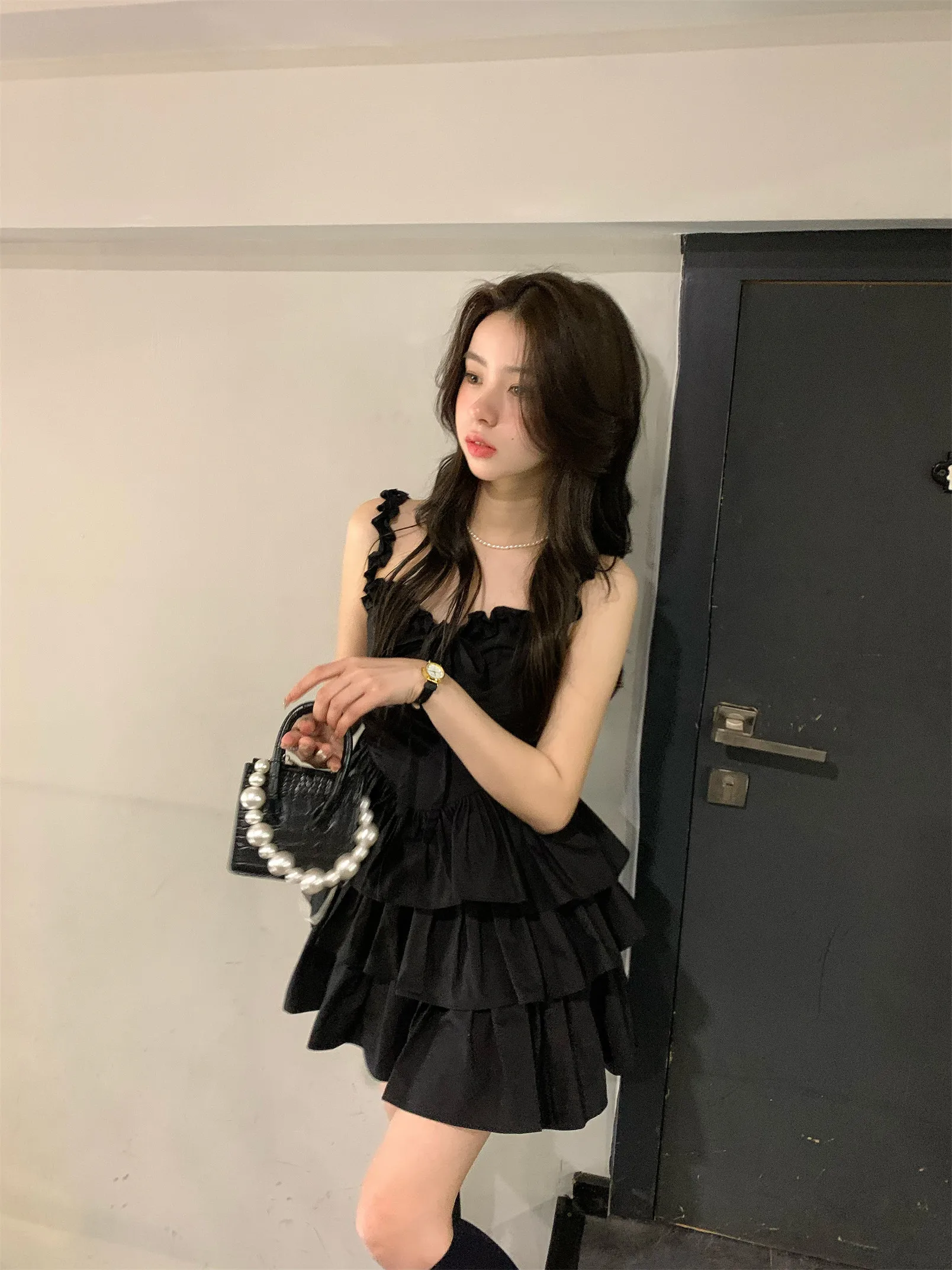 French Style Ruffle A-line Mini Spaghetti Strap Black Prom Dress - Image 3