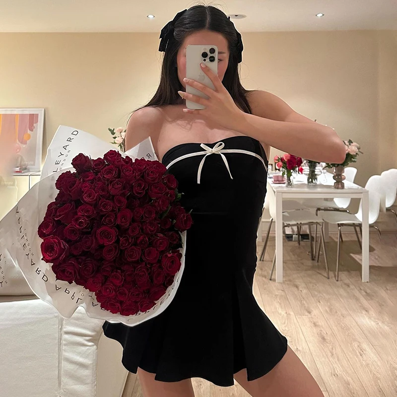 Strapless Off-Shoulder A-Line Bow Mini Black Prom Dress - Image 2