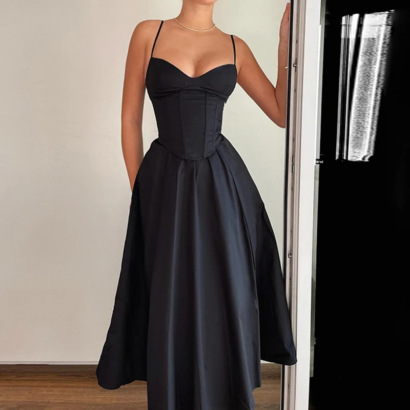 Sexy Corset Spaghetti Strap Pleated Maxi Black Prom Dress - Image 2