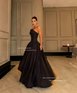 Luxury Satin Sleeveless A-Line Black Prom Dress for Women Party