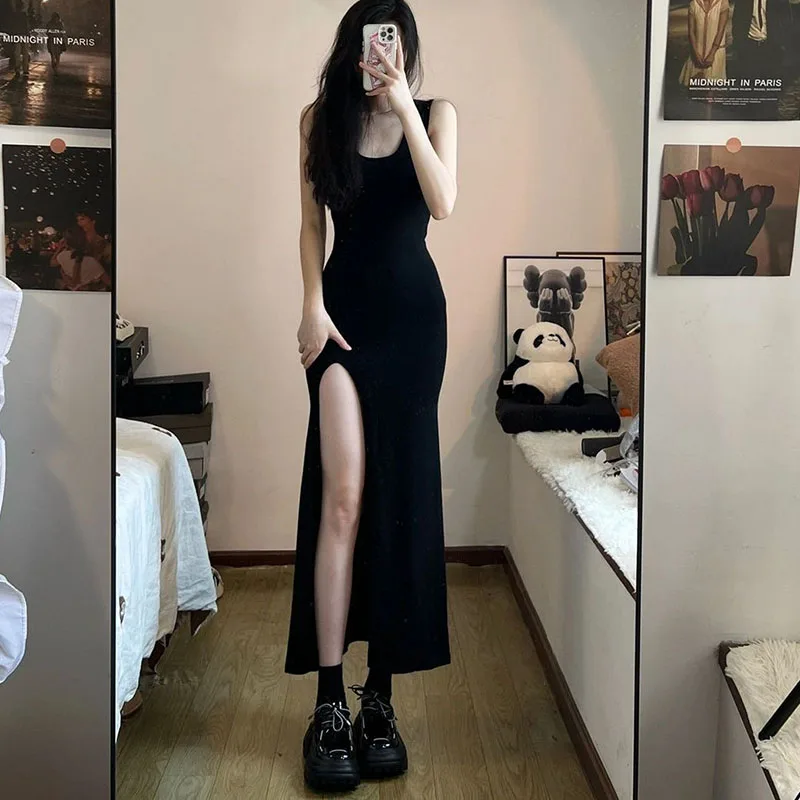 Summer Elegant Slim Fit Sleeveless Split Long Black Prom Dress - Image 2