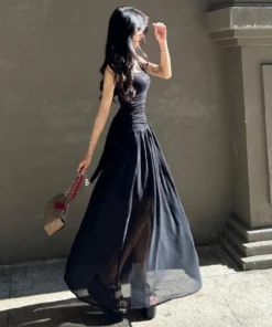 Summer Elegant Ruched Bodycon High-Waist Maxi Black Prom Dress