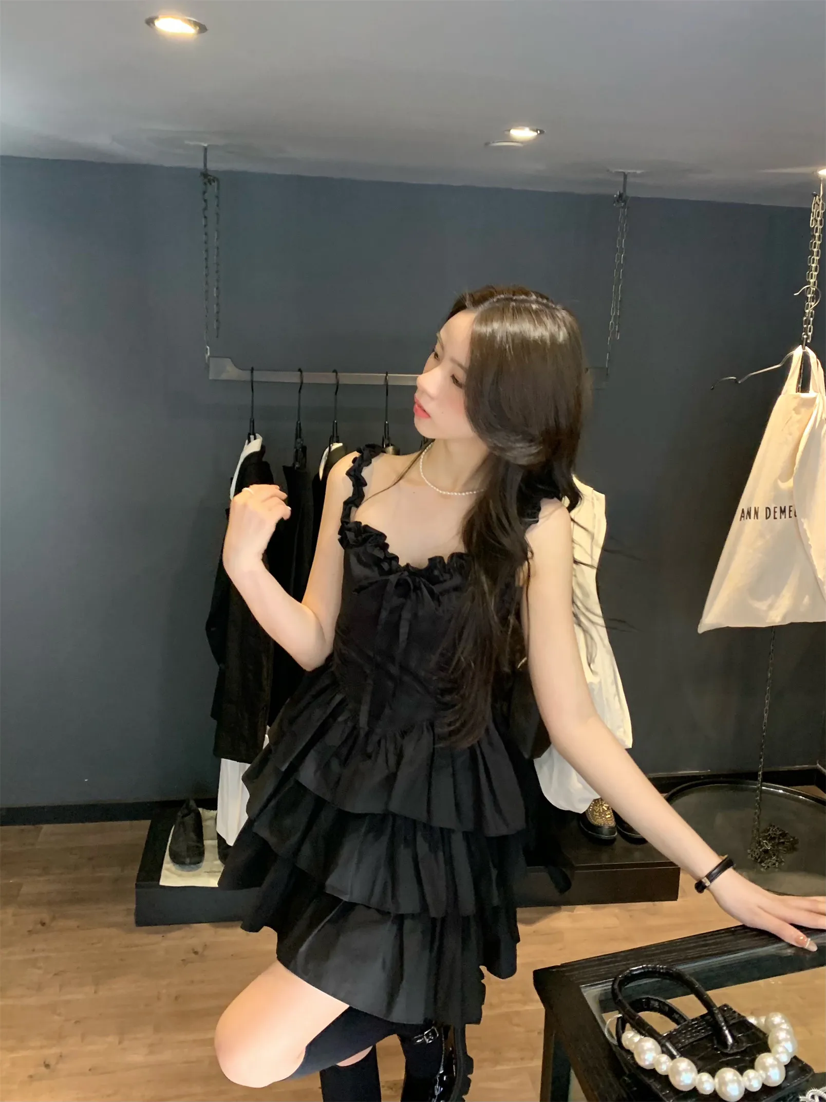 French Style Ruffle A-line Mini Spaghetti Strap Black Prom Dress - Image 6
