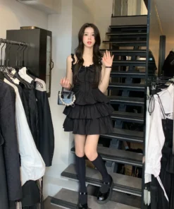 French Style Ruffle A-line Mini Spaghetti Strap Black Prom Dress