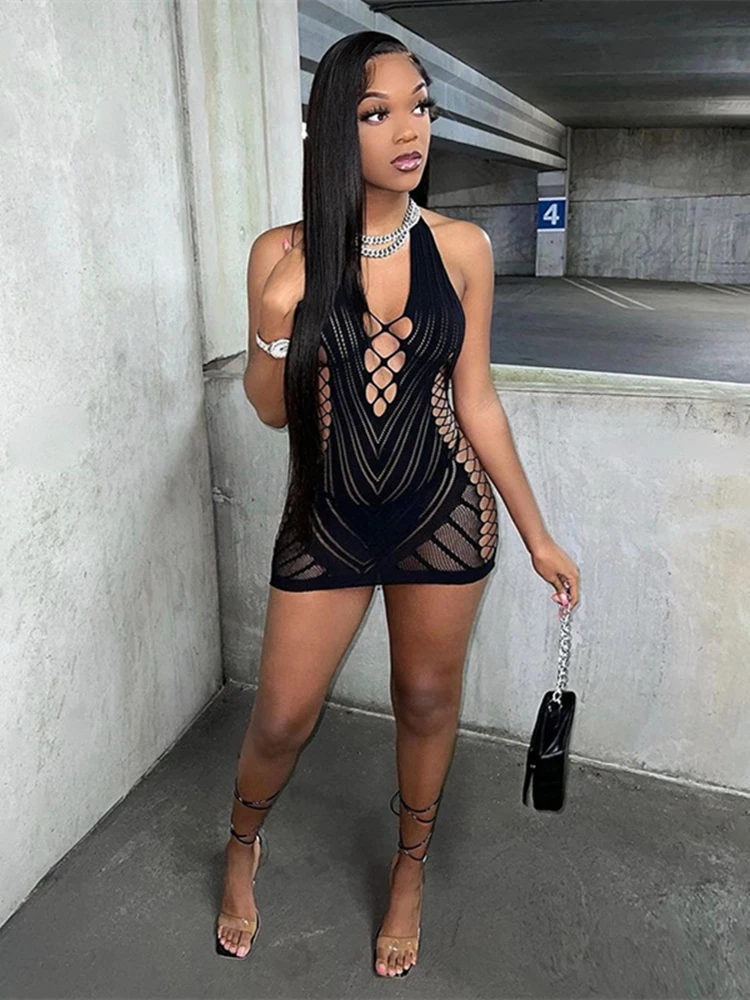 Sheer Lace Halter Backless Mini Black Prom Dress - Image 4