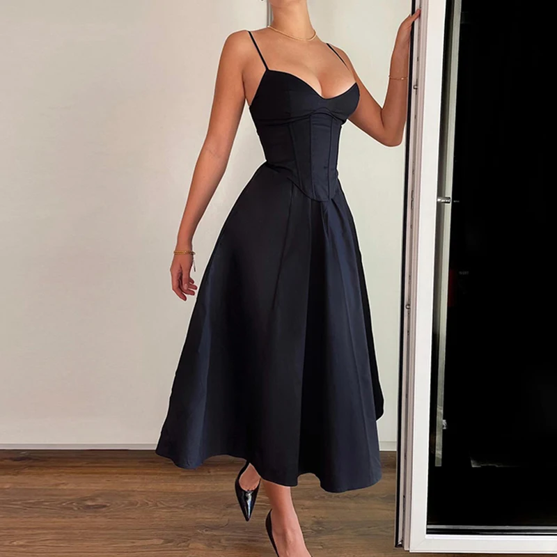 Sexy Corset Spaghetti Strap Pleated Maxi Black Prom Dress - Image 3