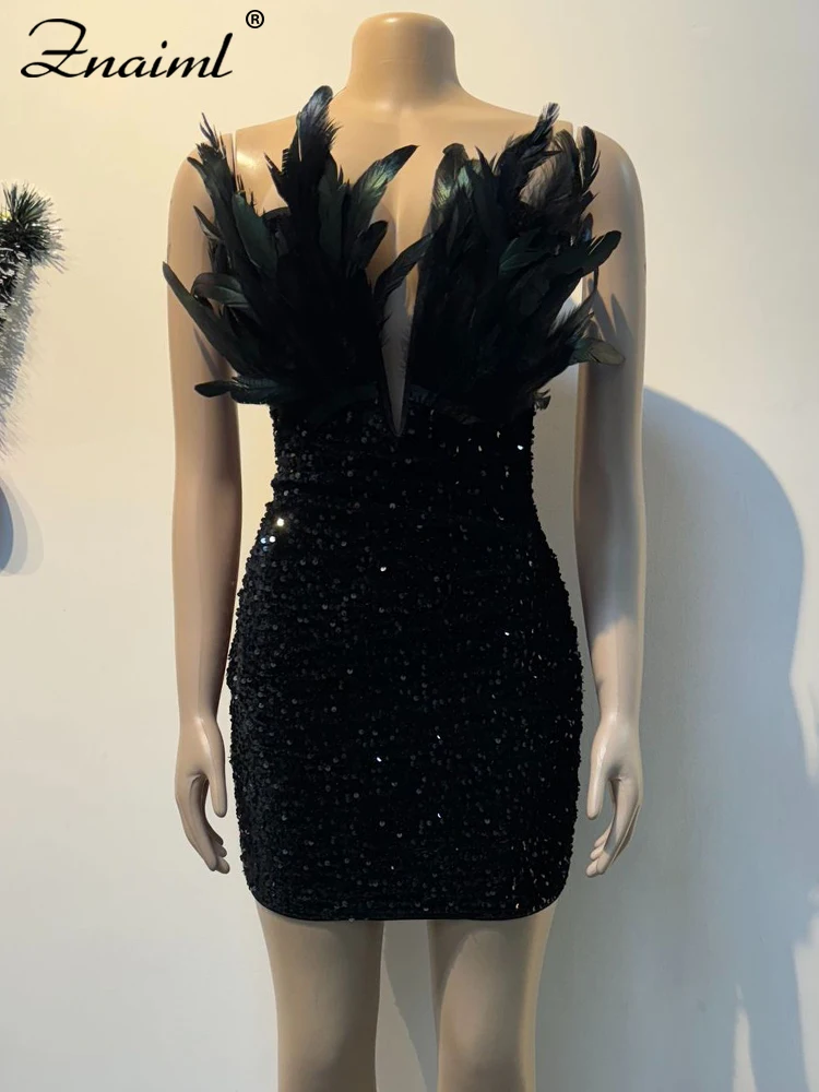 Luxury Strapless Sequin Feather Bodycon Black Prom Dress - Image 2