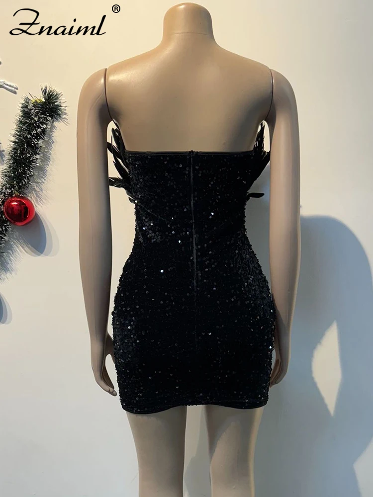 Luxury Strapless Sequin Feather Bodycon Black Prom Dress - Image 3