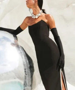 Summer Strapless Bodycon Split Pearl Sexy Black Prom Dress