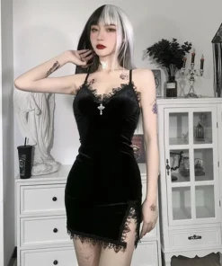 Dark Cross Mini Spaghetti Strap High Waist Slit Black Prom Dress