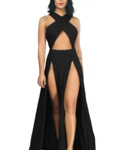 Sexy Cross Strap Off Shoulder Split Black Long Dress Party Club Plus Size