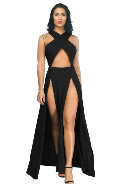 Sexy Cross Strap Off Shoulder Split Black Long Dress Party Club Plus Size