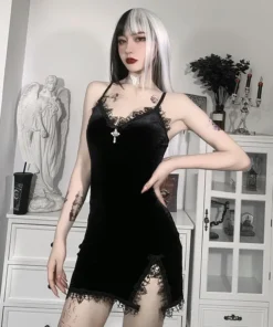 Gothic Cross Spaghetti Strap High Waist Slit Mini Black Prom Dress