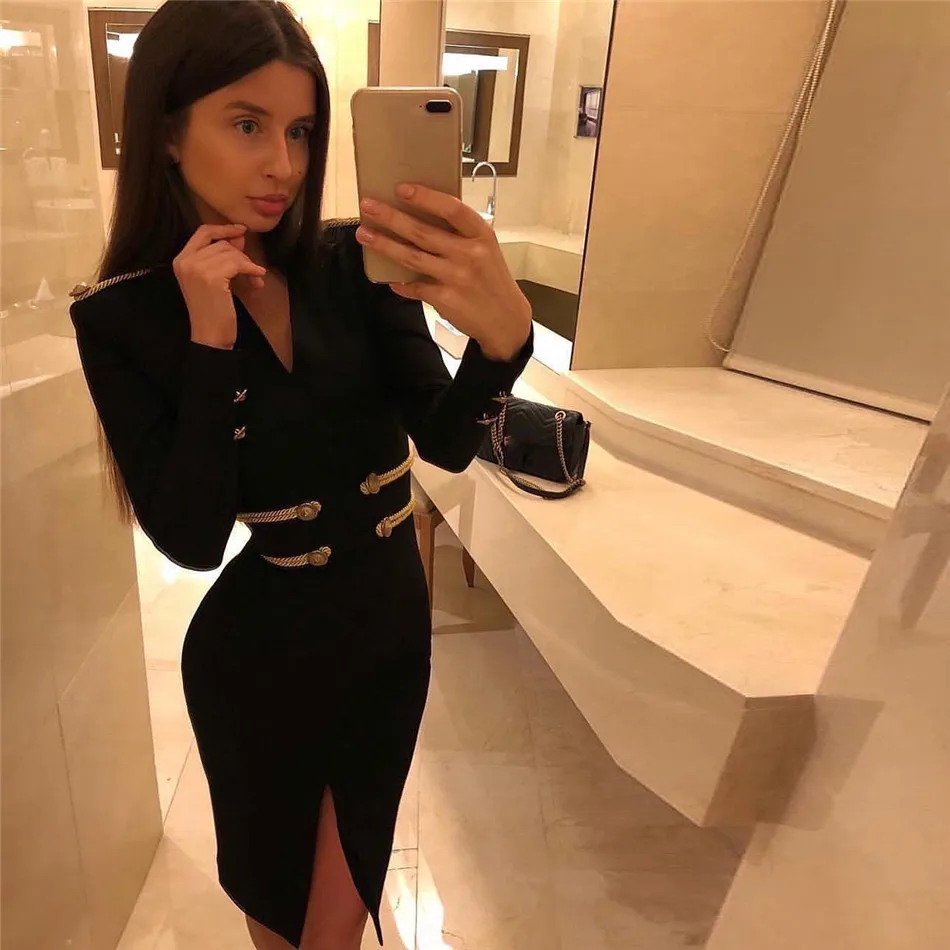 Winter Elegant Long Sleeve Bandage Mini Button Black Prom Dress - Image 2