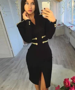 Winter Elegant Long Sleeve Bandage Mini Button Black Prom Dress