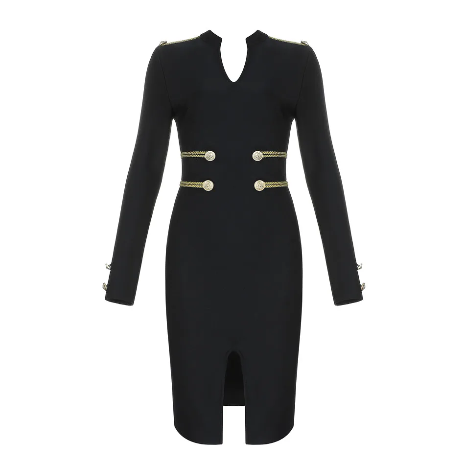 Winter Elegant Long Sleeve Bandage Mini Button Black Prom Dress - Image 3