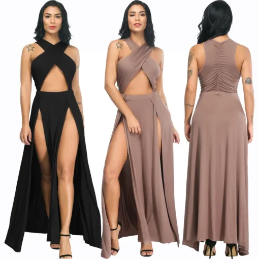 Sexy Cross Strap Off Shoulder Split Black Long Dress Party Club Plus Size - Image 3