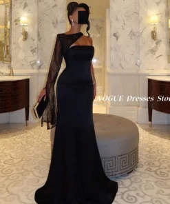One Shoulder Lace Sleeve Mermaid Black Prom Dress for Women