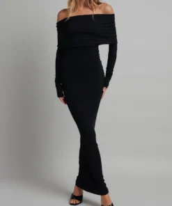 Long Sleeve Off Shoulder Fitted Black Prom Dress for Women