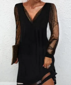 Sexy Black Mesh Sequin V-Neck Midi Dress For Women Party