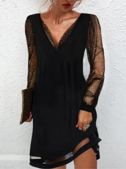 Sexy Black Mesh Sequin V-Neck Midi Dress For Women Party