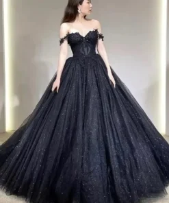 Elegant Off-Shoulder Shiny Tulle Applique Long Black Prom Dress