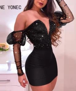 Sexy Deep V Neck Off Shoulder Rhinestone Black Mini Party Dress