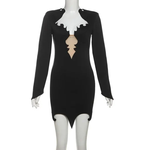 Women’s Black Flame Cut Out Bodycon Mini Party Dress Sexy Stylish - Image 2