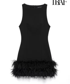 Elegant Feather Sleeveless Round Neck Mini Black Prom Dress