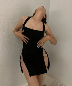 Sexy Halter Neck Backless Split Slim Black Prom Dress for Women