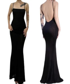 Summer Sexy Mesh Backless Bodycon Long Black Prom Dress