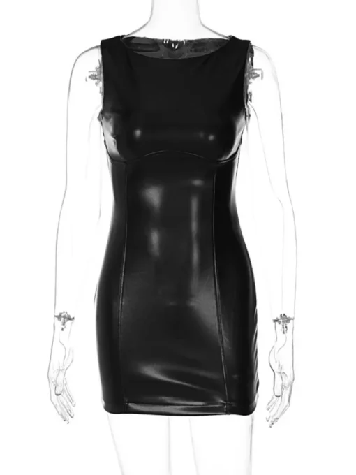 Women Tank PU Leather Sleeveless Bodycon High Waist Party Dress - Image 5