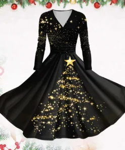 Women’s Christmas Printed Vintage Slim Fit Long Sleeve Party Dress