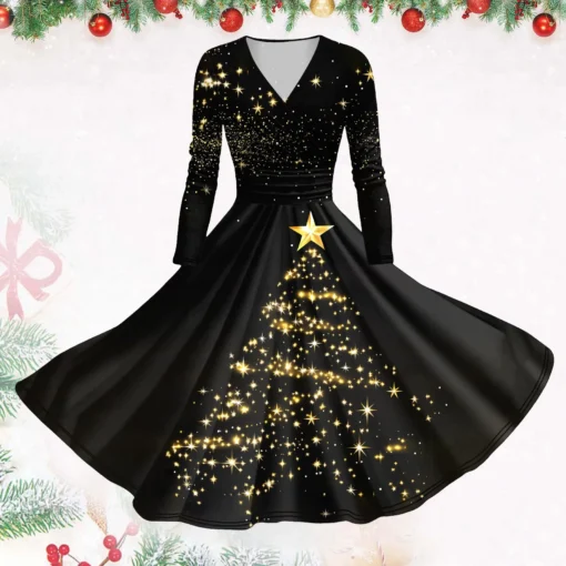 Women’s Christmas Printed Vintage Slim Fit Long Sleeve Party Dress
