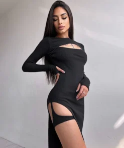 Sexy Y2K Midi Black Prom Dress - Cut-Out Split Bodycon Knitted Dress for Women