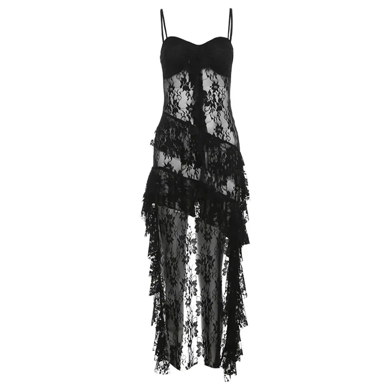 Sexy Strapless Patchwork Mesh Black Prom Dress with Ruffle Split Party Style - Image 3